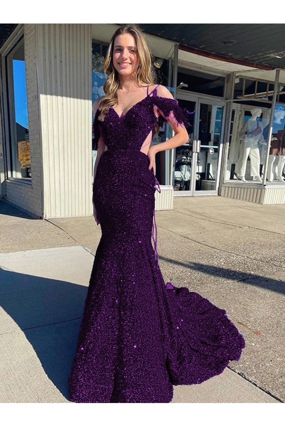 Fornecedor de Sem Mangas Alças finas Bainha Lantejoulas Veludo Ameixa Roxa Vestidos de Festa