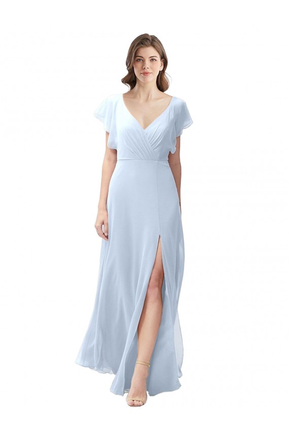 Fornecedor de Abrir de volta Mangas Esvoaçantes Decote V Linha A Chiffon Longo Vestidos de Madrinha
