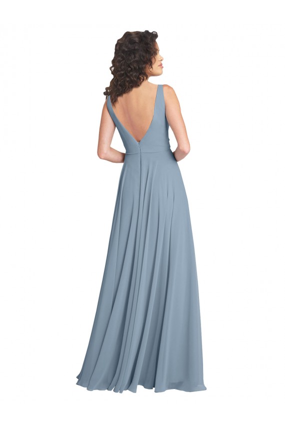 Fornecedor de Costas em V Sem Mangas Decote V Linha A Chiffon Azul Empoeirado Vestidos de Festa / Vestidos de Madrinha