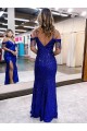 Fornecedor de Sem Mangas Alças finas Bainha Lantejoulas Veludo Azul Real Vestidos de Festa