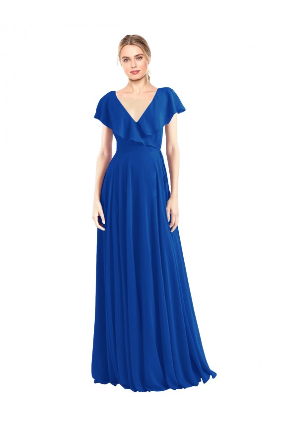 Fornecedor de Costas em V Mangas Esvoaçantes Decote V Linha A Chiffon Longo Vestidos de Madrinha
