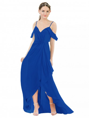 Fornecedor de Ombro Frio Decote V Linha A Chiffon Alto Baixo, Vestidos de Madrinha