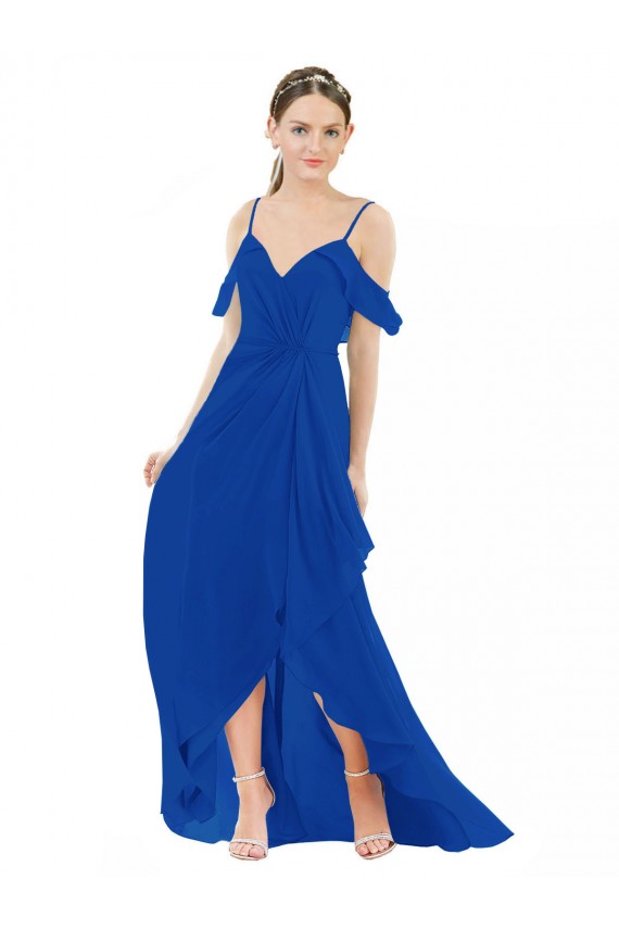 Fornecedor de Ombro Frio Decote V Linha A Chiffon Alto Baixo, Vestidos de Madrinha