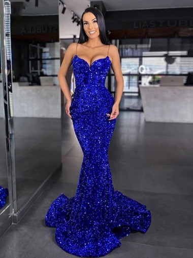 Fornecedor de Sem Mangas Alças finas Sereia Lantejoulas Veludo Vestidos de Festa