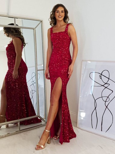 Fornecedor de Sem Mangas Decote Quadrado Bainha Lantejoulas Veludo Longo Vestidos de Festa