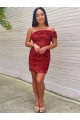 Fornecedor de Sem Mangas Um Ombro Bainha Lantejoulas Veludo Borgonha Curto Vestidos de Festa