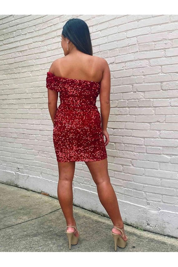 Fornecedor de Sem Mangas Um Ombro Bainha Lantejoulas Veludo Borgonha Curto Vestidos de Festa