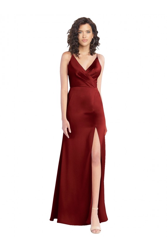 Fornecedor de Costas em V Sem Mangas Decote V Linha A Cetim Elástico Vestido de Madrinha / Vestido de Baile