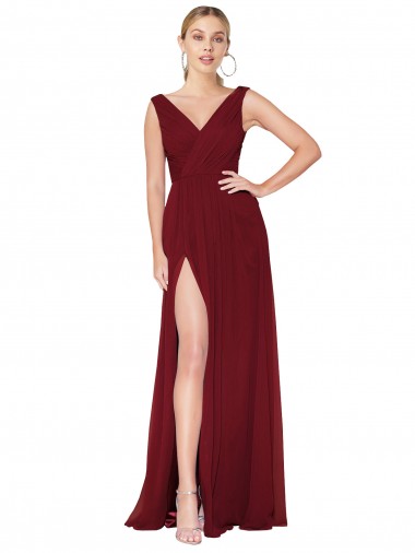 Fornecedor de Costas em V Sem Mangas Decote V Linha A Chiffon Borgonha Vestido de Madrinha