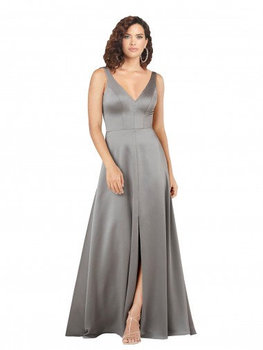 Fornecedor de Sem Mangas Decote V Linha A Cetim Sedoso Longo Vestidos de Madrinha / Vestidos de Noite / Vestidos de Festa