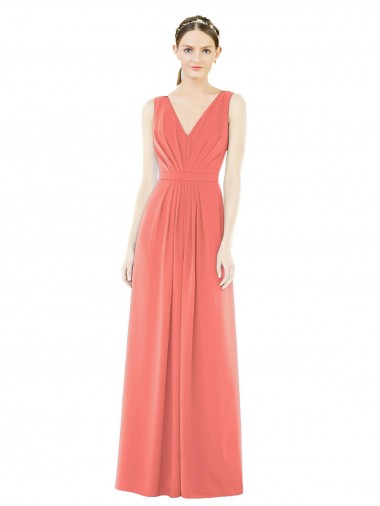 Fornecedor de Costas em V Sem Mangas Decote V Linha A Chiffon Coral Vestidos de Madrinha