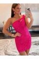 Fornecedor de Sem Mangas Um Ombro Bainha Lantejoulas Veludo Fúcsia Vestidos de Festa