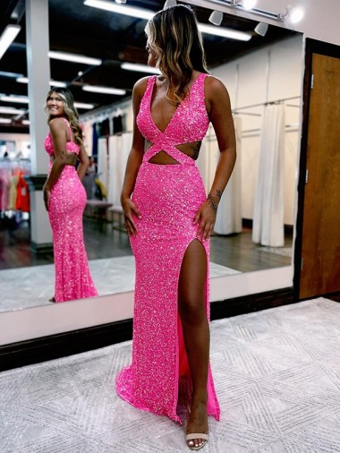 Fornecedor de Sem Mangas Decote V Bainha Lantejoulas Veludo Longo Vestido de Festa / Vestido de Madrinha