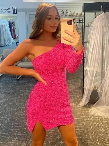 Fornecedor de Mangas Compridas Um Ombro Bainha Lantejoulas Veludo Curto Vestidos de Festa
