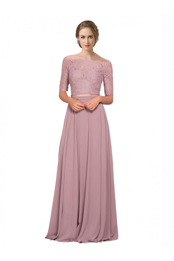 Fornecedor de Mangas Curtas Fora do Ombro Linha A Chiffon & Renda Vestidos de Madrinha / Vestidos de Festa