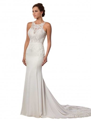 Fornecedor de Costas em V Sem Mangas Decote Alto Bainha Renda Vestidos de Noiva