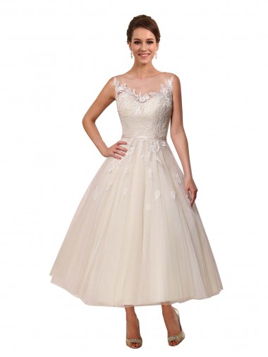 Fornecedor de Sem Mangas Decote Ilusão Vestido de Baile Tule & Renda Curto Vestidos de Noiva