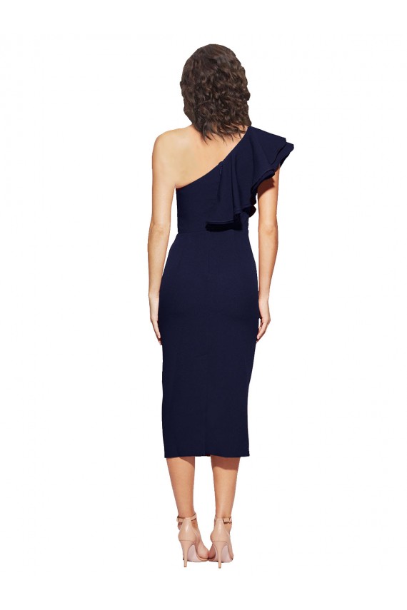 Fornecedor de Sem Mangas Um Ombro Bainha Crepe Esticado Marinha Negra Vestidos de Madrinha / Vestidos de Noite / Vestidos de Festa