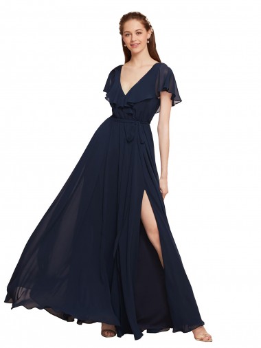 Fornecedor de Costas em V Mangas Curtas Decote V Linha A Chiffon Longo Vestidos de Madrinha