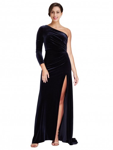 Fornecedor de Mangas Compridas Um Ombro Linha A Veludo Elástico Vestidos de Madrinha / Vestidos de Noite / Vestidos de Festa