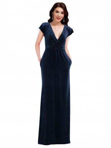 Fornecedor de Mangas Esvoaçantes Decote V Linha A Veludo Elástico Vestidos de Madrinha / Vestidos de Noite / Vestidos de Festa