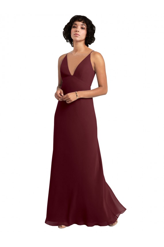 Fornecedor de Costas em V Sem Mangas Decote V Linha A Chiffon Ouro Borgonha Vestidos de Madrinha