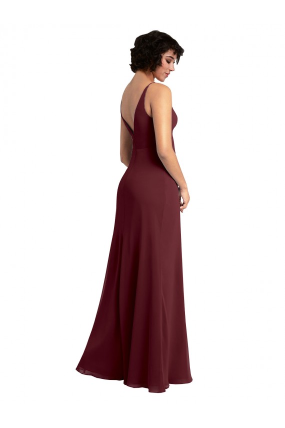 Fornecedor de Costas em V Sem Mangas Decote V Linha A Chiffon Ouro Borgonha Vestidos de Madrinha