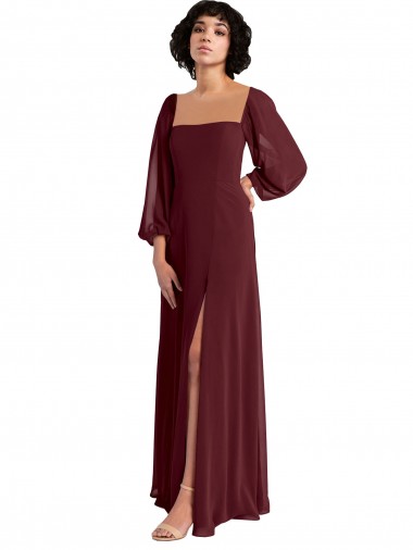 Fornecedor de Mangas Compridas Decote Quadrado Linha A Chiffon Vestidos de Madrinha