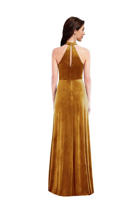 Fornecedor de Buraco da fechadura Sem Mangas Cabeçada Trombeta Veludo Elástico Vestidos de Madrinha / Vestidos de Festa