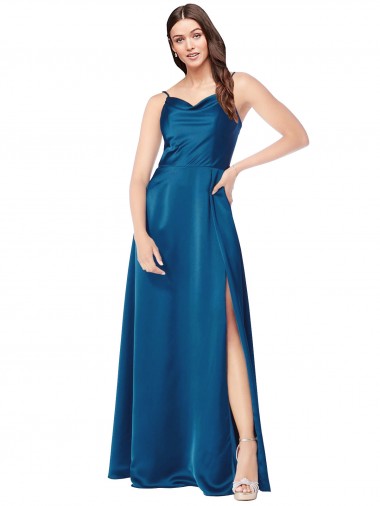 Fornecedor de Lombar Sem Mangas Alças finas Linha A Cetim Sedoso Pavão Azul Vestidos de Madrinha / Vestidos de Noite / Vestidos de Festa