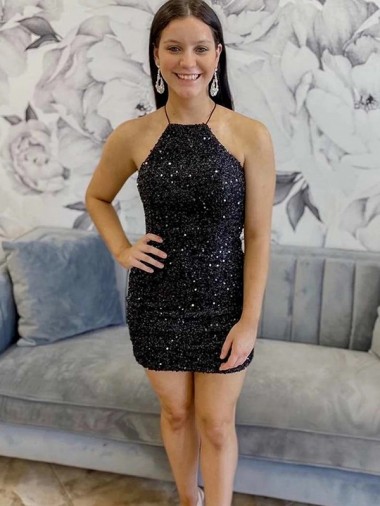 Fornecedor de Sem Mangas Cabeçada Bainha Lantejoulas Veludo Curto Vestidos de Festa