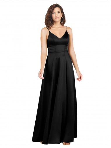 Fornecedor de Costas em V Sem Mangas Decote V Linha A Cetim Sedoso Preto Vestidos de Madrinha / Vestidos de Noite / Vestidos de Festa