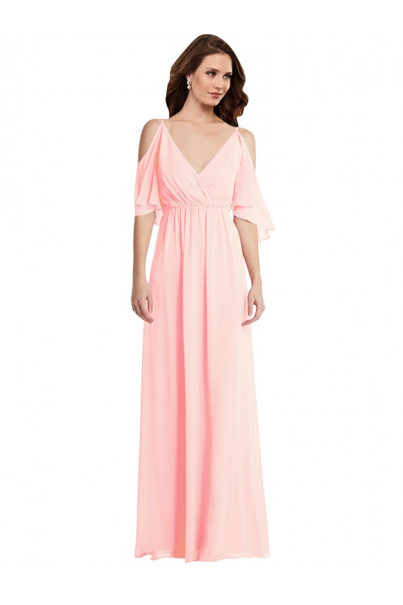 Fornecedor de Costas em V Ombro Frio Decote V Linha A Chiffon Longo Vestidos de Madrinha