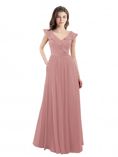 Fornecedor de Costas em V Mangas Curtas Decote V Linha A Chiffon Rosa Empoeirado Vestidos de Madrinha