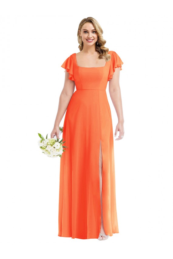 Fornecedor de Abrir de volta Mangas Esvoaçantes Decote Quadrado Linha A Chiffon Vestidos de Madrinha