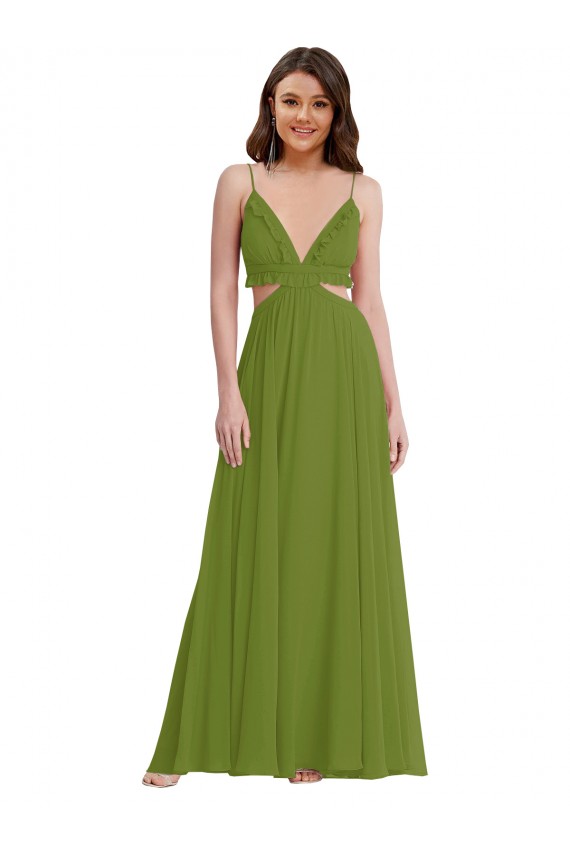 Fornecedor de Abrir de volta Sem Mangas Decote V Linha A Chiffon Verde Oliva Vestidos de Madrinha