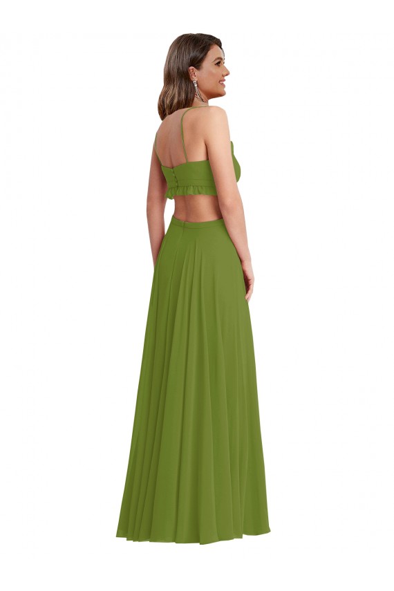 Fornecedor de Abrir de volta Sem Mangas Decote V Linha A Chiffon Verde Oliva Vestidos de Madrinha
