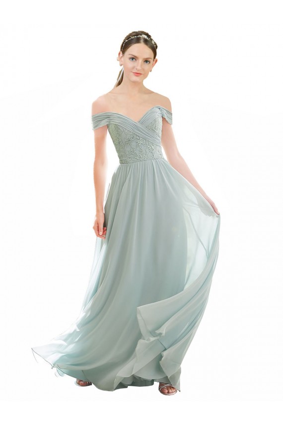 Fornecedor de Mangas Curtas Fora do Ombro Linha A Chiffon & Renda Vidro Marinho Vestidos de Madrinha